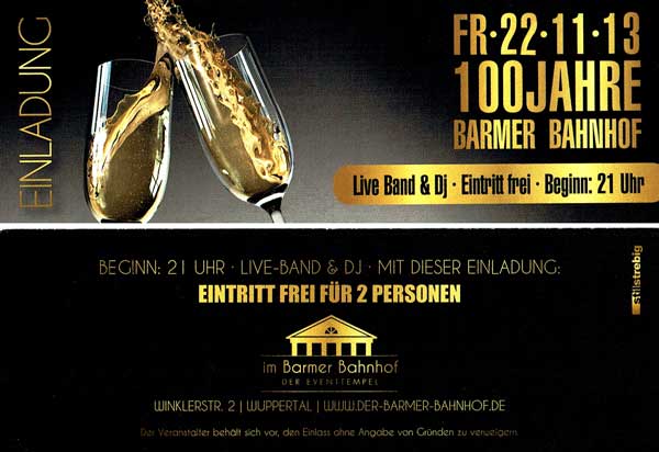 Einladung zur Festveranstaltung "100 Jahre Barmer Bahnhof"