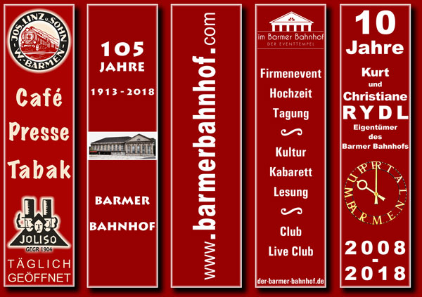 5 Fahnen-Motive (je 1,5 Meter mal 6 Meter) für die Beflaggung des Barmer Bahnhofs